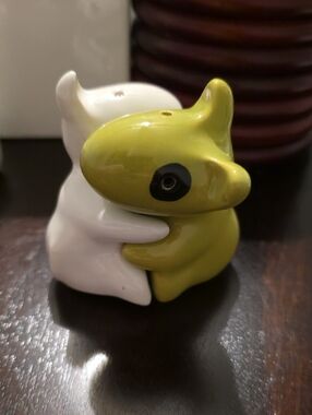 Ceramic Green and White Dogs Hugging Salt & Pepper Shakers